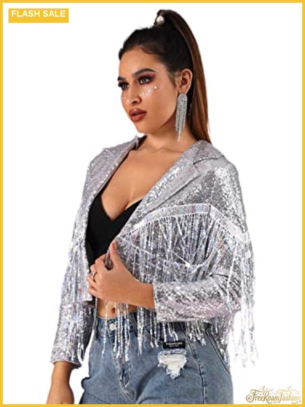 Sequined Fringe Blazer Cowboy Costume Jacket for Women Party